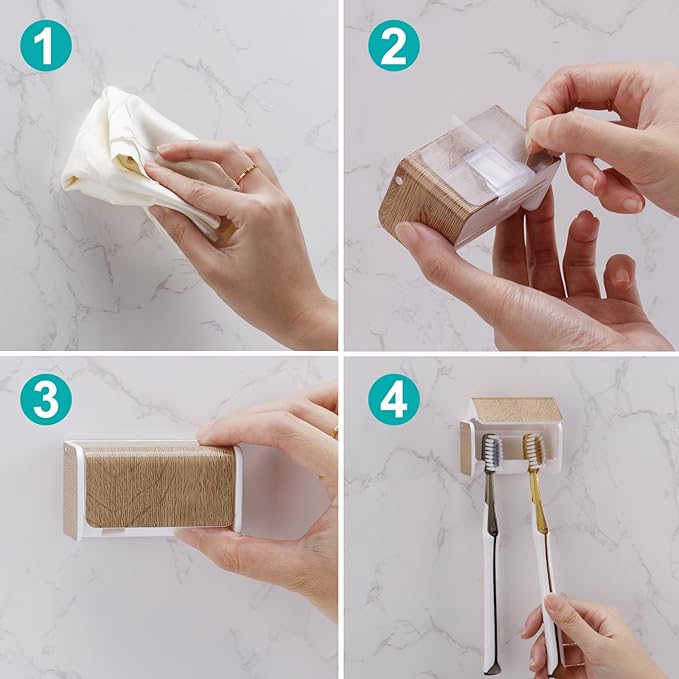 Toothbrush Holders Wall Mounted with Cover, Electric Tooth Brushing Holder for Bathroom, 2 Slots Self Adhesive Toothbrush Organizer, Toothbrush Stand for Family, Kids (1, Wood Grain)