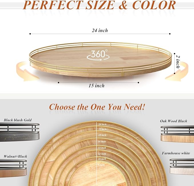 24 Inch Extra Large Lazy Susan Turntable - Premium Solid Oak Wood & Iron | Rustic Farmhouse Rotating Tray for Dining Table, Kitchen Countertop, Centerpiece Decor | Smooth 360° Spin | Durable & Stylish
