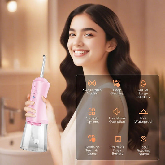 Water Dental Flosser - Portable Cordless Oral Irrigator 300ML, Rechargeable IPX7 Waterproof Irrigation Cleaner for Teeth Cleaning & Flossing, Travel & Home Use (Pink)