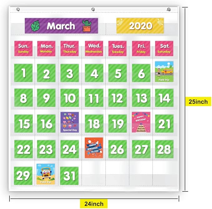 Eamay Classroom Monthly Calendar Pocket Chart with 71 Cards for Kids Learning for Home,White