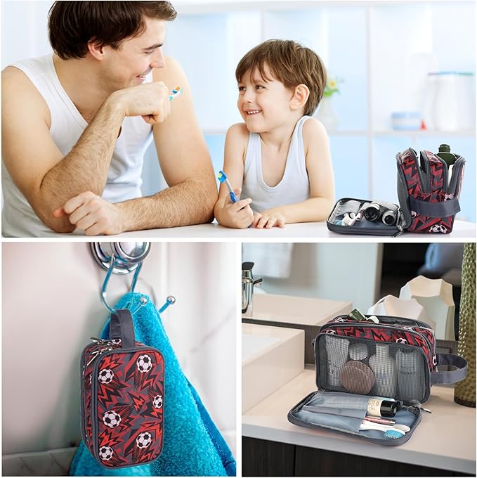 Kids Toiletry Bag for Boys, Travel Toiletry Bag for Little Young Boys Waterproof Hanging Wash Bag Toddler Traveling Toiletries, Red Soccer Balls