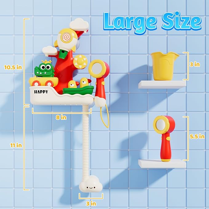 FlowFun Bath Toy Set: Electric Shower with 360° Rotate, Rocket Whistle, Cute Car Toy & Little Yacht | Interactive Water Play Kit for Toddlers 18 Months +