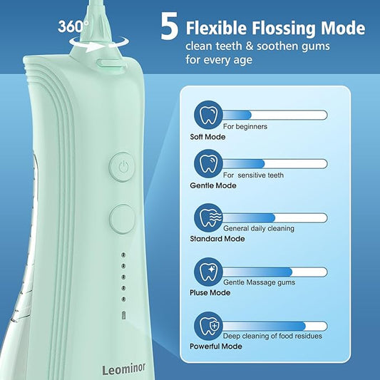 Leominor Water Dental Flosser - 5 Modes Cordless Portable Oral Irrigator, IPX7 Waterproof, Rechargeable Teeth Cleaner Upgrade Datchable Tank Professional Flossing Cleaning Pick for Home Travel(Green)
