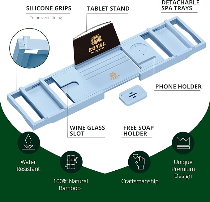 ROYAL CRAFT WOOD Non-Foldable Bathtub Tray - Wood Bath Tray for Tub, Bamboo Bathtub Shelf, Expandable Bath Table Trays, Luxury Bathroom Accessories for New Home & Unique Gift for Women