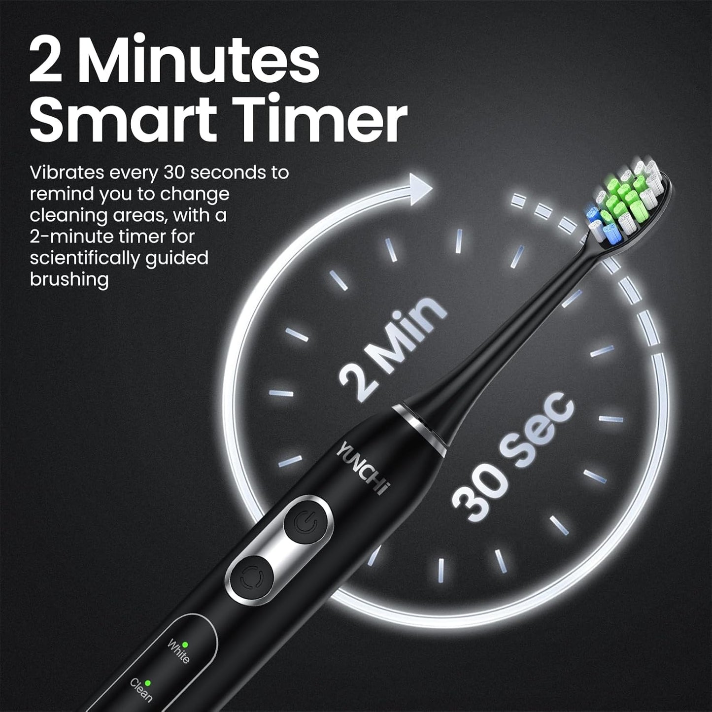 YUNCHI Electric Toothbrush for Adults and Kids, Rechargeable Sonic Electric Tooth Brush with 8 Brush Heads, 90 Days, 5 Models & 2 Minutes Smart Timer, Travel Case, 44000 VPM Motor, Black