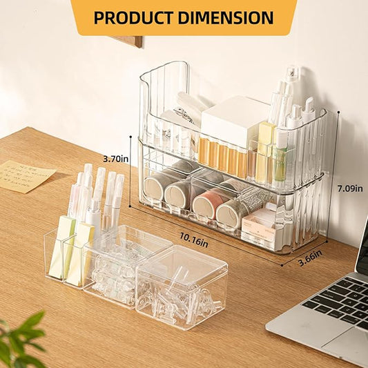 2-Tier Stackable Medicine Cabinet Organizer, Narrow Bathroom Makeup Organizer with Lipstick Holders & Cotton Swab Cases, Clear Countertop Shelf for Mirror Cabinet and Vanity