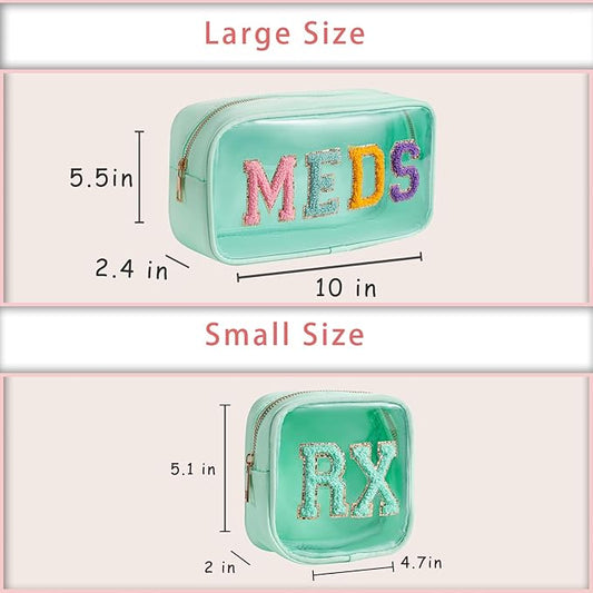 2Pcs Large Chenille Letter Clear Medicine Makeup Bag Set,Nylon PVC Waterproof Rx Meds Pouch with Metal Zipper, Cute Drug First Aid Travel Organizer for Women Girls(2pcs Mint)