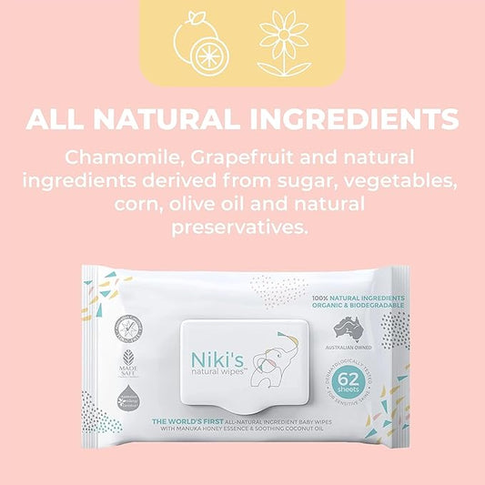 Niki's Natural Baby Wipes | Organic Baby Wipes Sensitive | Made with Manuka Honey and Coconut Oil, Unscented | EWG Verified | 1488 Wipes (24 Pack x 62 Count Wipes) Baby Wipes Bulk