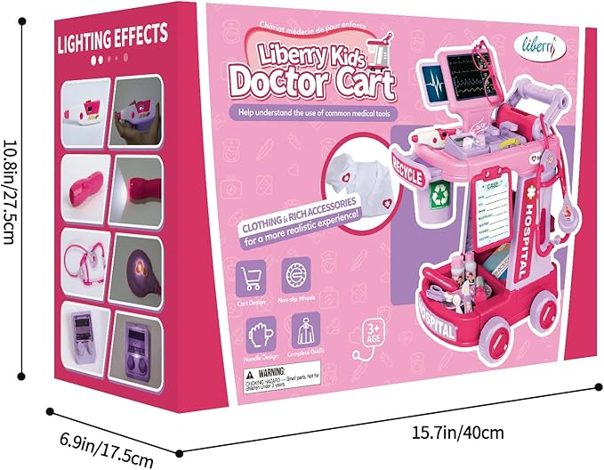 Liberry Doctor Kit for Toddlers Ages 2 3 4 5, Pretend Kids Doctor Playset with Cart, Costume and Stethoscope, Role Play Medical Toys Christmas Birthday Gift for Girls Boys (Pink)