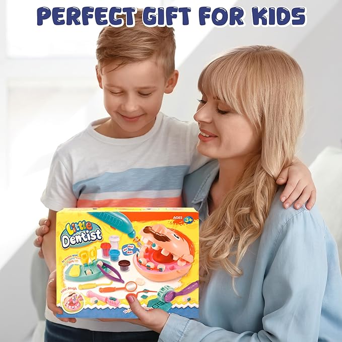 Dentist Color Dough Set, Dental Tools Kit Drill and Fill, Doctor DIY Playset Toys for Kids Toddlers 3 Years and Up, Art & Craft Gift with Moulds, Models, 5 Non-Toxic Color