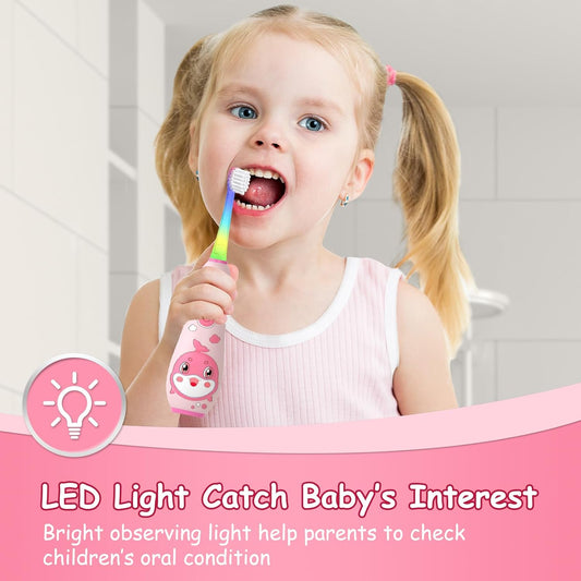 teeteck Electric Toothbrush for Kids - Toddler Electric Toothbrush with Magnetic Charging, Includes 2 Brush Heads, Magnetic USB Charging Cable for Ages 1-6 Boys Girls (Pink)