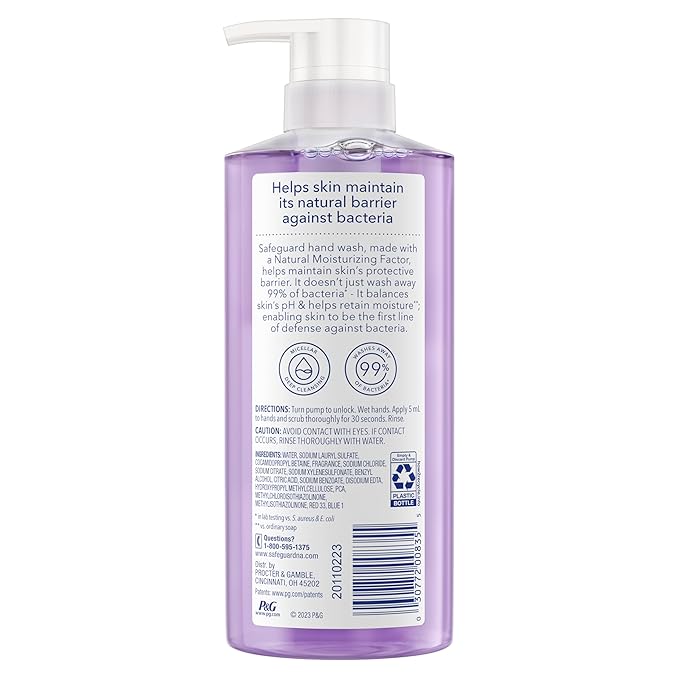 Safeguard Liquid Hand Soap, Micellar Deep Cleansing, Washes Away 99% Bacteria, Made with Natural Moisturizers, Enriched with Skin Conditioners, PH Balanced, Lavender Scent 15.5 oz (Pack of 4)