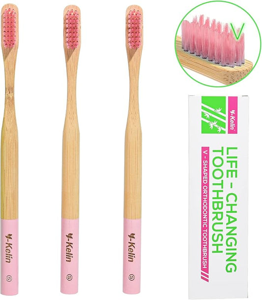 Y-Kelin Bamboo V-Shaped Orthodontic Toothbrush, 3pcs, Pink