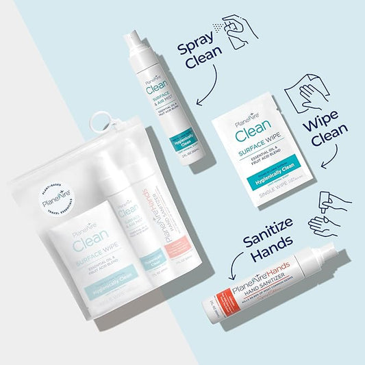 Travel Essentials | Hygiene Kit | Travel Toiletry Kit | Travel Size | Spray Hand Sanitizer Tangerine Coriander Scent | Surface Wipes | Individual Travel Wipes | Surface Cleaner | With Essential Oils