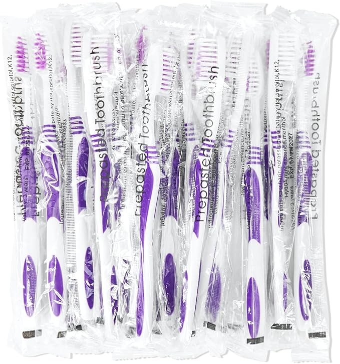 200 Prepasted Disposable Toothbrushes Individually Wrapped Pre Pasted Toothbrushes Soft Bristle Travel Tooth Brush Single Use Wrapped for Hotel, Camping, Travel and Gift for The Homeless (purple)