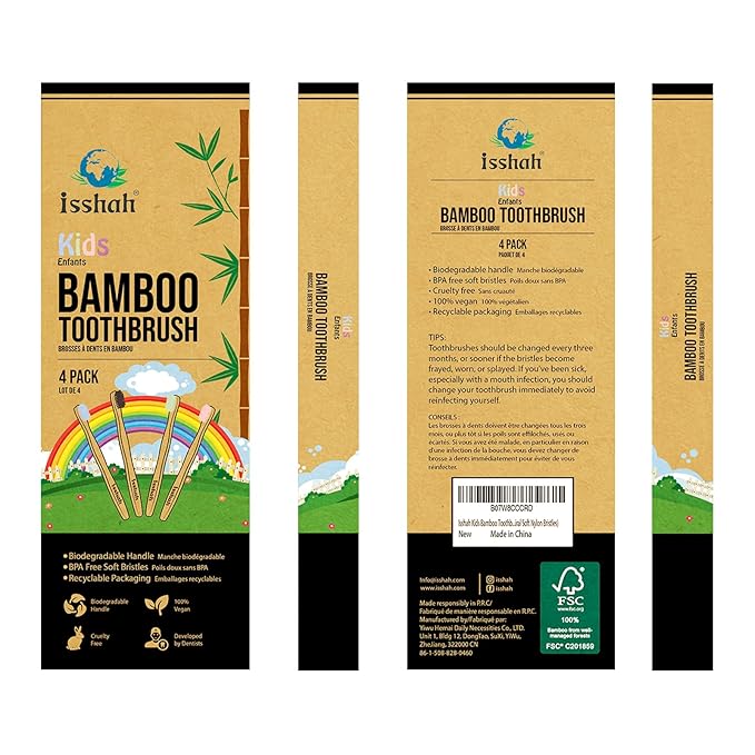 Kids Bamboo Toothbrushes Biodegradable Handle BPA Free Eco Friendly Children Size, Pack of 4