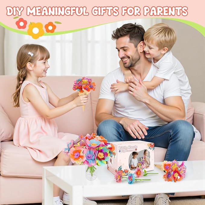 Fabric Flower Bouquets Toys, Arts and Crafts Activity Kit for Kids Ages 3-12, DIY Flower Craft Kits for Toddler, Educational Activity Preschool Birthday Gifts for 3 4 5 6 7 8 9 10+ Year Old Girls