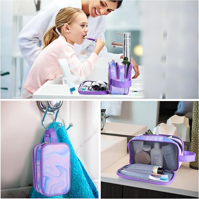 Purple Toiletry Bag for Girls, Travel Toiletry Bag for Teen Girls Cosmetic Bag Makeup Bag Waterproof Hanging Wash Bag Kids Toiletries