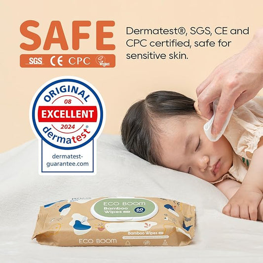 ECO BOOM Bamboo Baby Wipes | natural | 100% Plant-Based & fragrance free | Unscented & safe for Sensitive Skin | 99% Water | 16 Pack, Bulk Total of 960