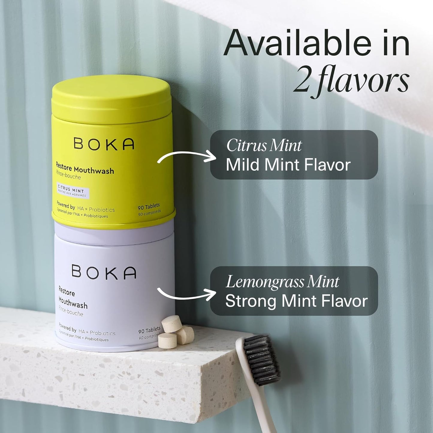 Boka Travel Size Mouthwash Tablets - Hydroxyapatite, Fluoride Free & Alcohol Free - Chewable Tablets to Freshen Breath, Kill Odor Quickly & Helps Remineralize Teeth - (Pack of 2, 90 Pcs, Mint)