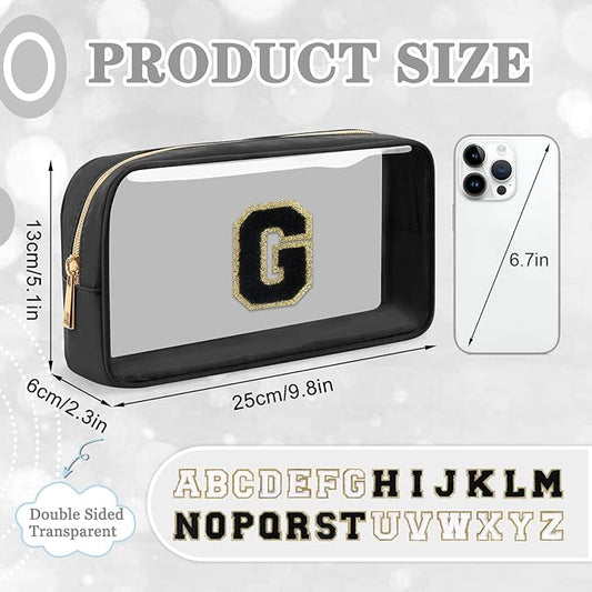 Small Clear Personalized Initial Makeup Bag,Nylon Preppy A-Z Chenille Letter Patch Cosmetic Pouch Beach Toiletry Bag,Waterproof Zipper Travel Purse Storage Bag Organizer for Women Girls(Black-Black G)