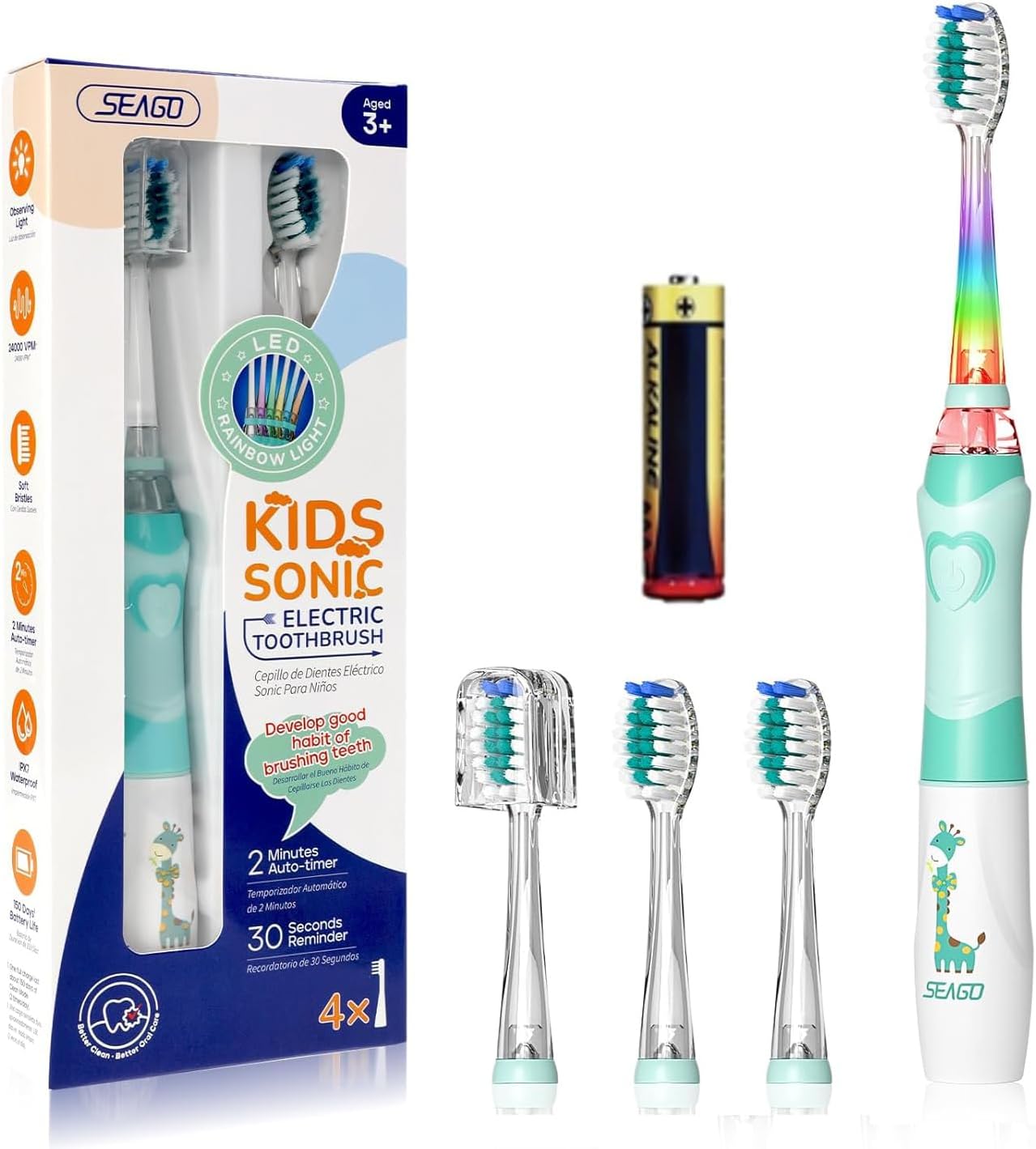 Kids Electric Toothbrush with 2 Minute Timer 30 Seconds Reminder and 4 Replacement Bursh Heads,Color Led Lights,24,000 Vibrations Boys Battery Power Toothbrush for Ages 4-12 Years(Green)