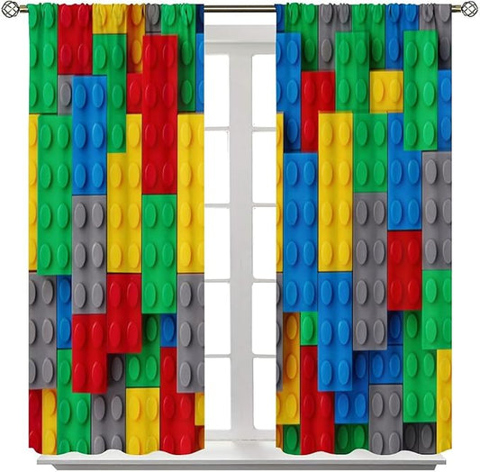 Kids Building Blocks Toy Curtains for Kids Room W42 x L45 Inch Rod Pocket Contour Plastic Colorful Toy Bricks Geometric Print Pattern Curtains for Boys Girls Bedroom 2 Panels