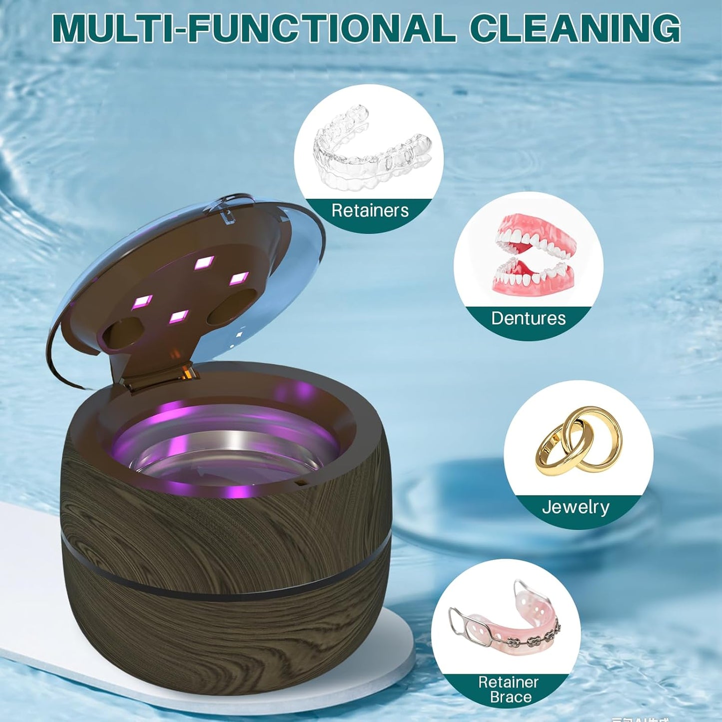 Voraiya Dental Ultrasonic Retainer Cleaner Machine, 45kHz Denture Cleaning Pod with 4 Modes Digital Timer for Aligner, Mouth Night Guard, Braces, Toothbrush, Jewelry, Ring