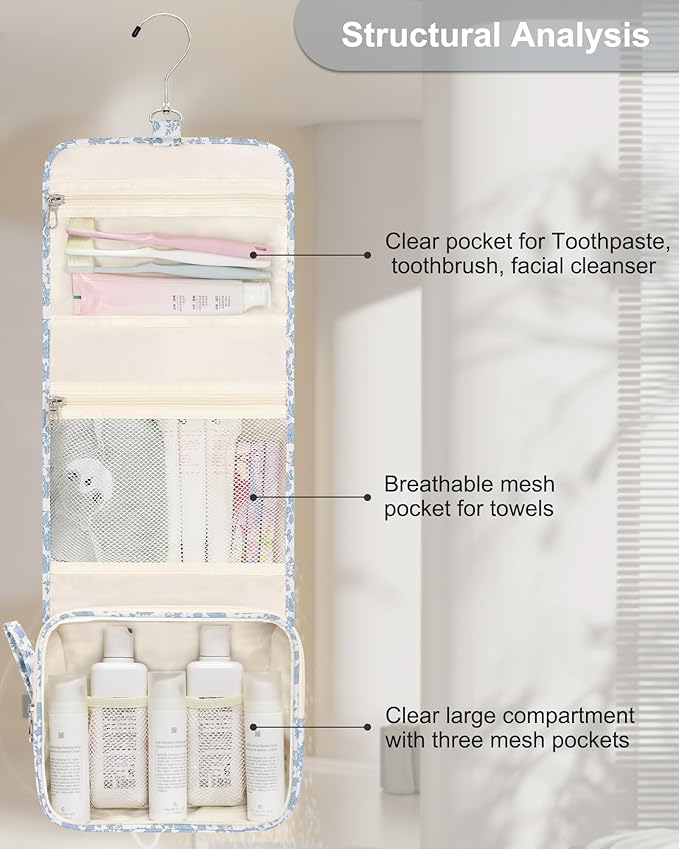 Relavel Small Hanging Toiletry Bag for Men and Women, Portable Hanging Organizer for Travel-Sized Shower Dopp Kit, Waterproof Toiletries Organizer with 3 Compartments for Outdoor - Blue Flower