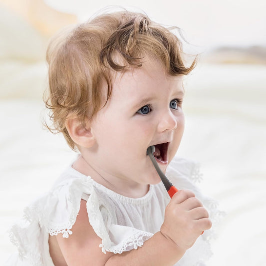 Mombella Ladybug Baby Toothbrush 6 to 12 Months and Up, Extra Soft Silicone Infant to Toddler Training Toothbrush for Baby's First Teeth, Oral Care Teether Over 6m+, Clean and Massage Tender Gums 1pc