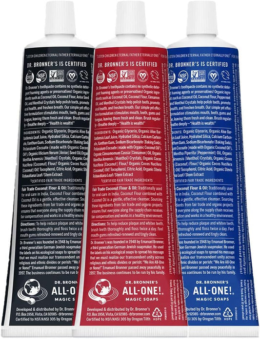 Dr. Bronner’s All-One Toothpaste 3-Pack Variety– (Peppermint, Cinnamon, Anise, 5oz Each)– 70% Organic Ingredients, SLS Free Toothpaste, Fluoride Free, Natural, Vegan, Gentle for Sensitive Teeth