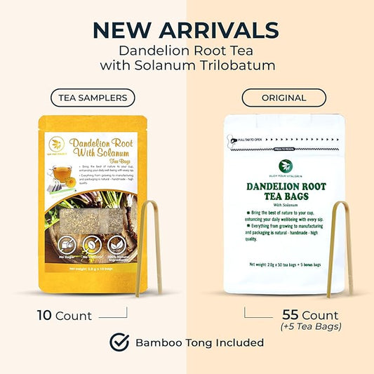 Dandelion Root Tea Samplers with Solanum Trilobatum - 10 Count, Bamboo Tong Included, Re-Steep Pure Herbal Tea Detox Blend for Strength Balance, Energy Support