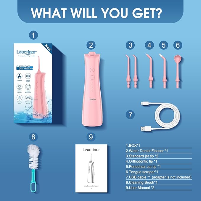 Leominor Water Dental Flosser - 5 Modes Cordless Portable Oral Irrigator, IPX7 Waterproof, Rechargeable Teeth Cleaner Upgrade Datchable Tank Professional Flossing Cleaning Pick for Home Travel (Pink)