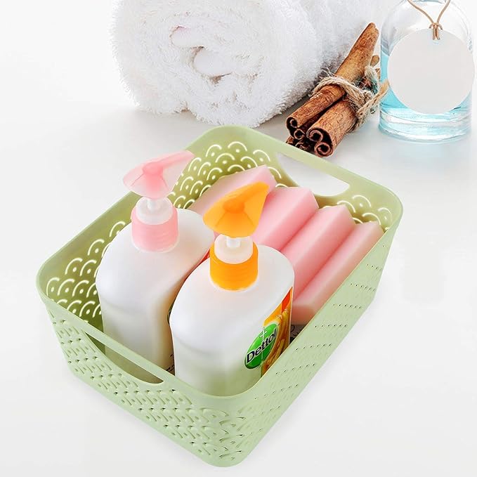 STARVAST 5 Pack Plastic Storage Baskets, Portable Green Fish Scale Pattern Hollow Desktop Storage Bin Box with Handle for Kitchen, Bathroom, Kids Room or Nursery Storage – 9.4 x 7.1 x 4.1 inches