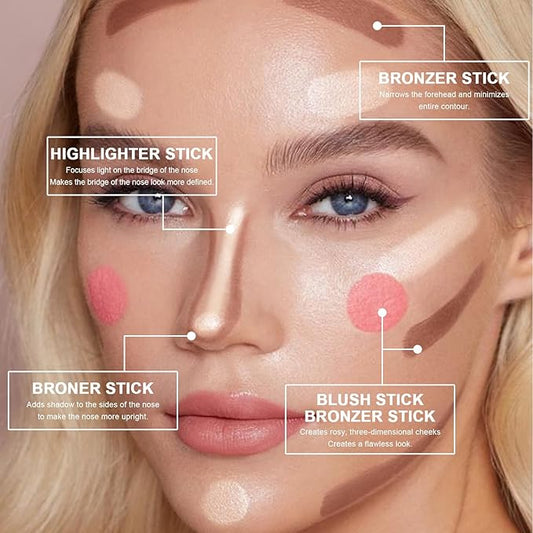 3-in-1 Cream Contour Stick Set - Blush, Bronzer & Highlighter for Cheek Sculpting - Long Lasting, Waterproof - Light (1+3+4)