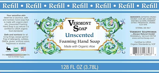 VERMONT SOAP Organics Foaming Hand Soap, Liquid Soap with Pre-diluted Formula - Ready to Use Simply Unscented Hand Soap With Convenient and Economical Gallon Refill Size
