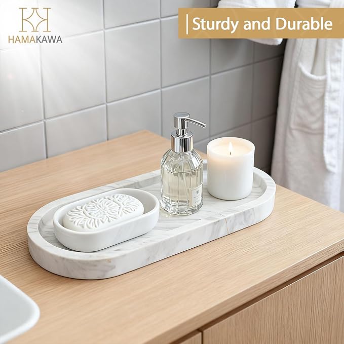 Oval Bathroom Vanity Tray, Large Natural Marble Sink Tray 10 Inch, Volakas White Stone Soap Trays, Modern Perfume Trays, Countertop Organizer for Kitchen, Coffee Table, Home Decor