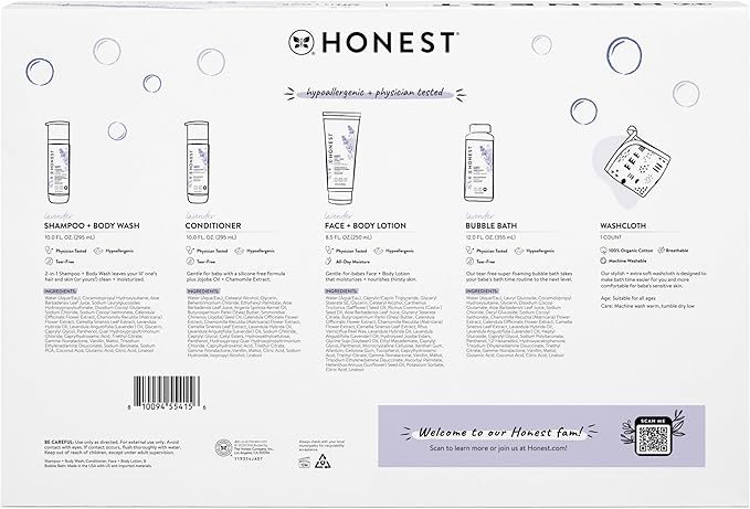 The Honest Company Calming Lavender Bathtime Gift Set Hypoallergenic Bath Essentials for Sensitive Baby Skin Shampoo and Body Wash Face Lotion Bubble Conditioner Cloth