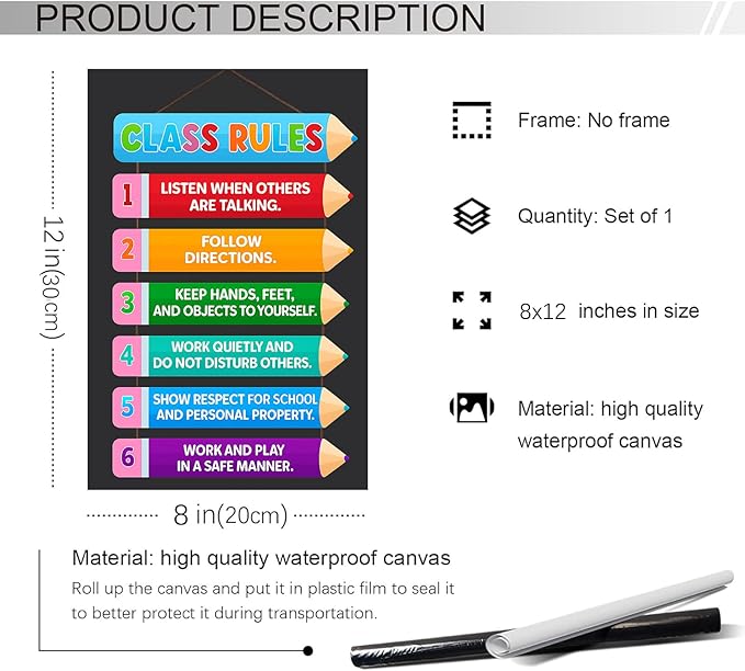 Colorful Classroom Rules Poster – Educational Motivational Wall Art for Elementary, Preschool, Kindergarten, Middle School – Back to School Teacher Supplies and Classroom Decorations 8x12 in Unframed