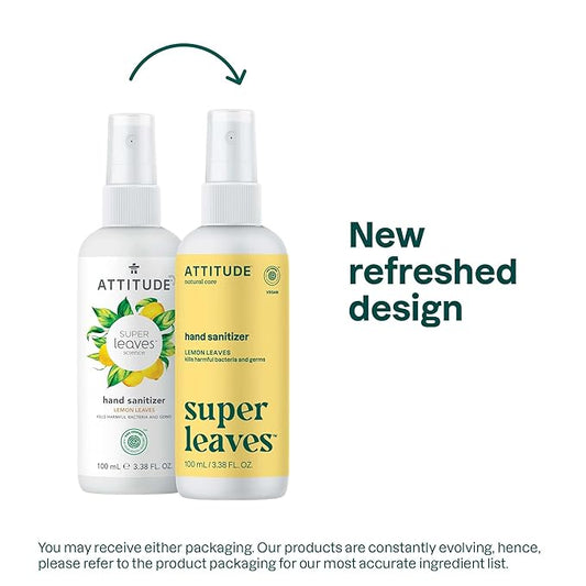 ATTITUDE Hand Sanitizer Spray for Adults and Kids, EWG Verified, Kills Bacteria and Germs, Vegan, Lemon Leaves, 3.38 Fl Oz (Spray Bottle) (Pack of 6)