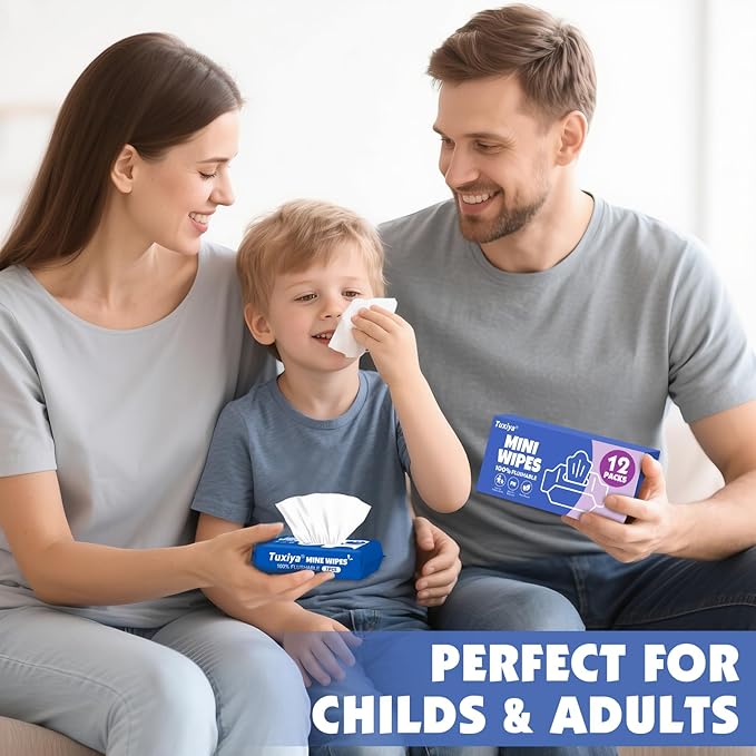 12 PackTravel Flushable Wipes with Aloe & Vitamin E,Impossibly Compact 7 Wipe Per Pack Mini Travel Adult Wet Wipe,Hypoallergenic & Fragrance-Free Skin-Friendly Flushable Wet Wipe(84 Total Wipes)