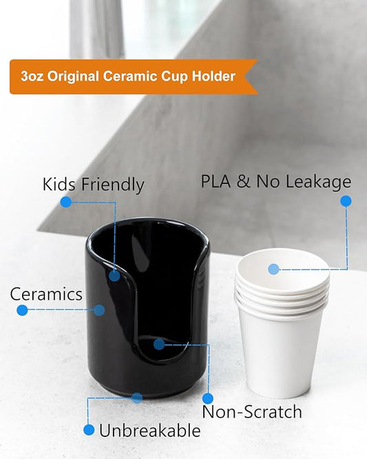 3 oz Original Ceramic Bathroom Cup Dispenser with 5 PLA Paper Cups, Bathroom Essential Accessories for Mouthwash Holder on Bathroom Vanity Countertops (2 Pack, Black)