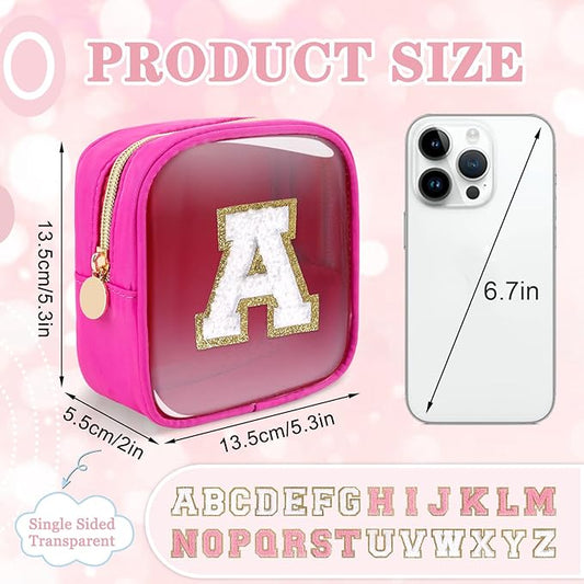 Mini Clear Personalized Initial Makeup Bag,Nylon Preppy A-Z Chenille Letter Patch Zipper Cosmetic Bag, Small Cute Beach Pouch Travel Purse Sanitary Napkin Storage Bag for Women Girls(Hot Pink-White A)