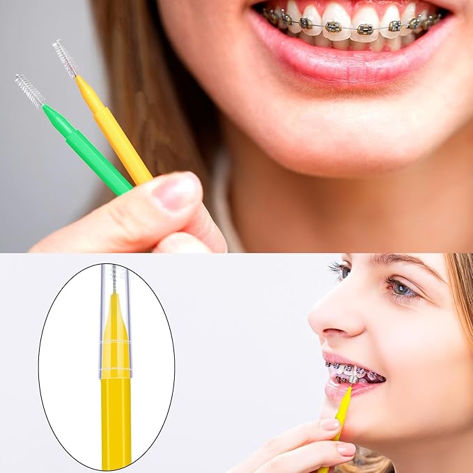 Patelai 100 Pieces Braces Brush for Cleaner Interdental Brush Toothpick Dental Tooth Flossing Head Oral Dental Hygiene Flosser Toothpick Cleaners Tooth Cleaning Tool(Green, Yellow,Mixed Sizes)
