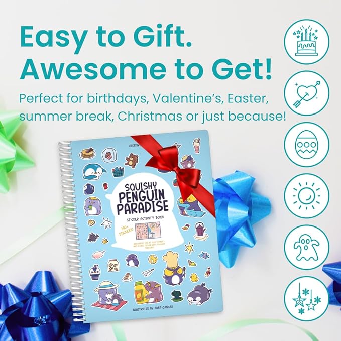 Cupkin Penguin Sticker Book Activity for Kids, Toddler Airplane Travel Essentials, 300+ Animal Stickers for Kids + 8 Scenes + Coloring Book Pages, Penguin Children's Gift, Crafts Ages 2-8