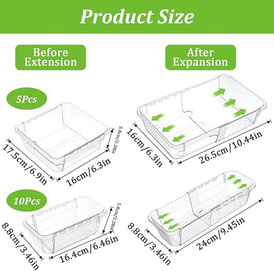 15-Piece Extendable Drawer Organizer Set, 2-Size Adjustable Clear Plastic Storage Bins for Bathroom Vanity, Makeup, Kitchen Utensils & Office Supplies