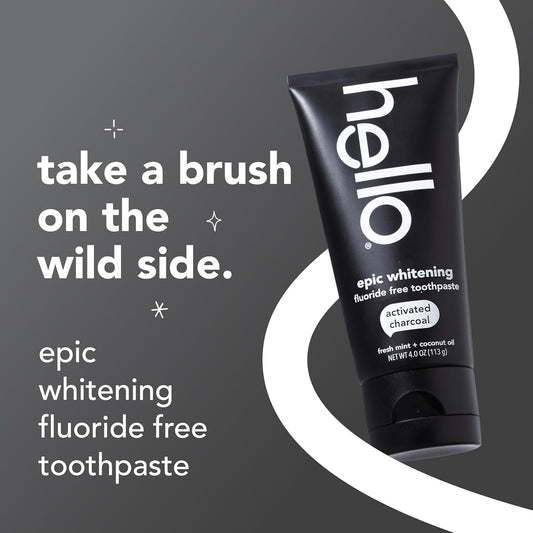 hello Epic Whitening Charcoal Fluoride Free Toothpaste, Activated Charcoal Toothpaste with Coconut Oil, Whitens Teeth Naturally, SLS Free, Fresh Mint, 4.0 Oz Tube