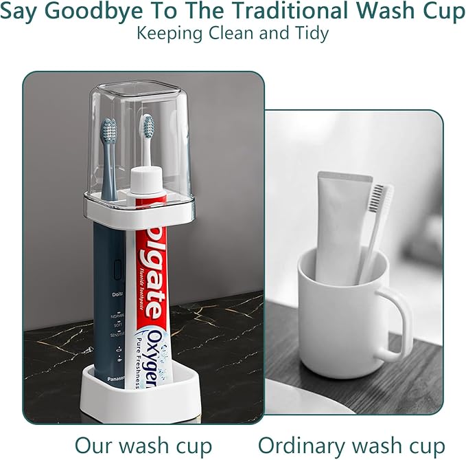 Toothbrush Holder with Cup/Cover, 3 Slots Toothpaste Holder Stand for Bathroom Countertop Plastic Storage Organizer for Toothbrushes, Electric Toothbrushes (White)