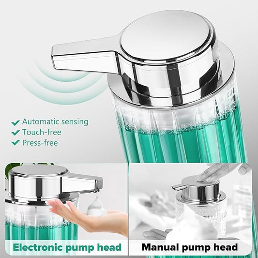 Automatic Soap Dispenser Foam for Kitchen: 11 OZ Glass Touchless Clear Auto Foaming Soap Dispenser for Bathroom - Hand Dish Lotion Home Countertop Kids - Family Couple
