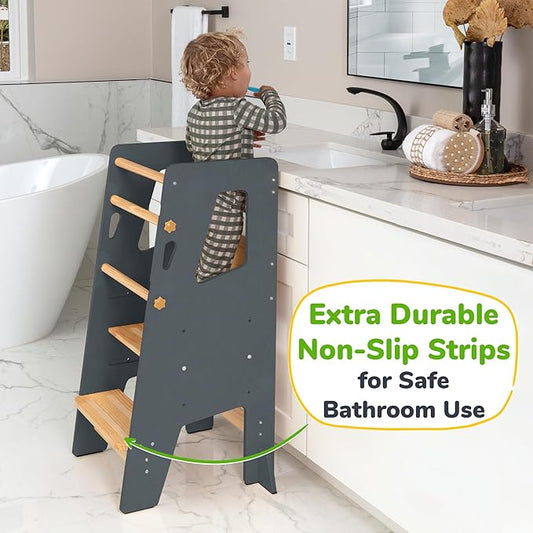 OCODILE Toddler Standing Tower - Adjustable Height Toddler Kitchen Stool Helper - Ideal Kids Kitchen Step Stool for Learning New Skills - Updated Design with Safety Feet - Gray